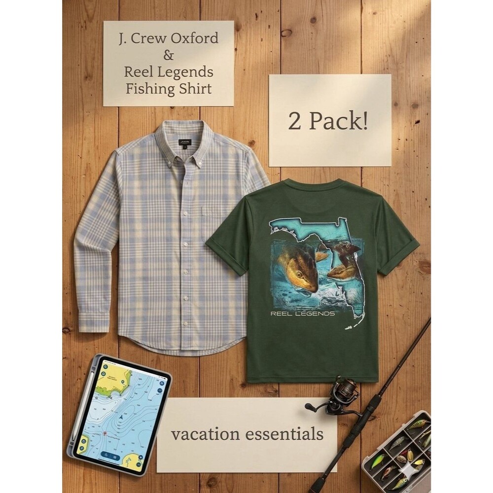 2 PACK LOT! J. Crew Men's L Cotton Button-Up L & Reel Legends Fishing Shirt L